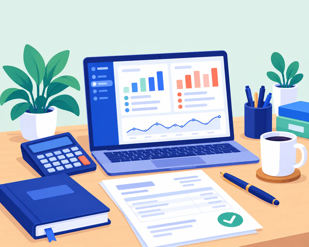 Illustration of an invoice, ledger and financial report on a desk