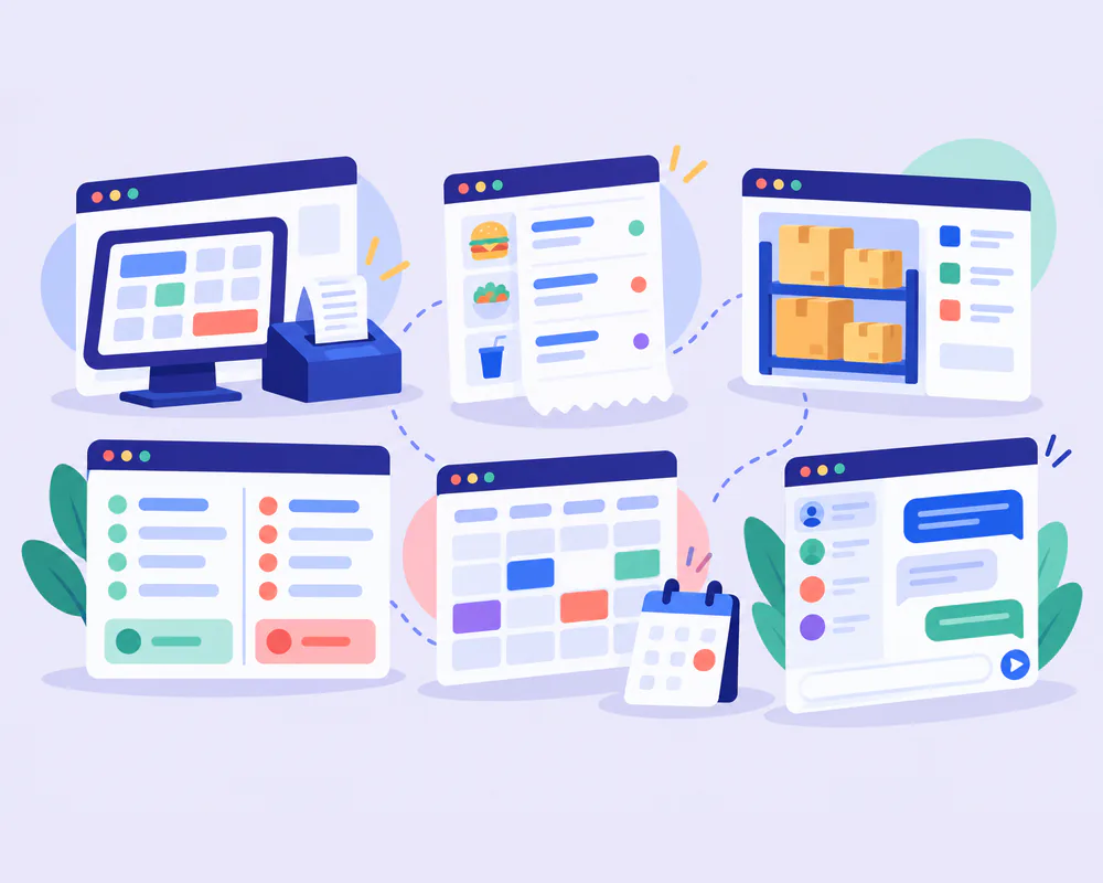 Illustration of Tech N Byte business software: POS, restaurant, inventory, accounting and chat apps