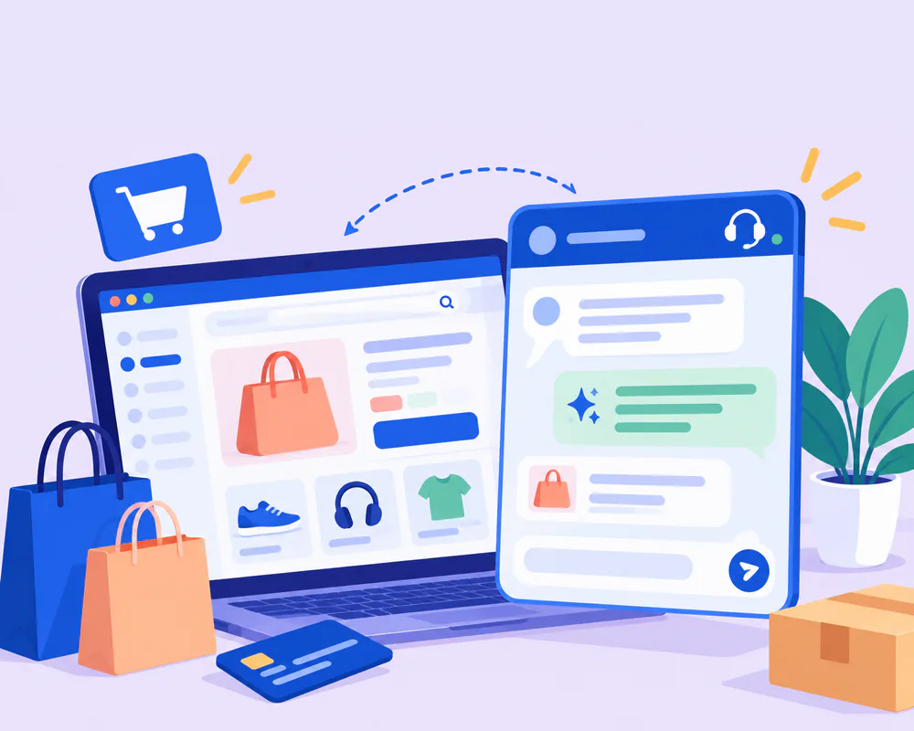 Illustration of an AI assistant answering a shopper in a website chat