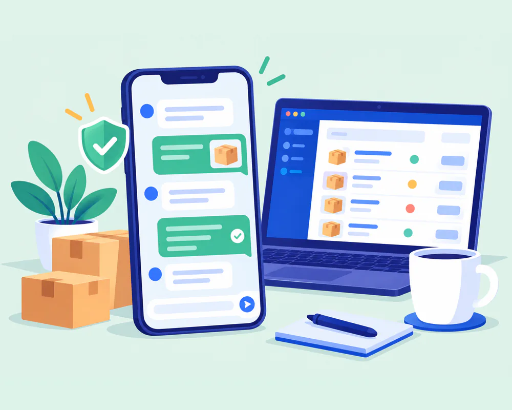 Illustration of a shop owner while PanelOps answers customer order questions on WhatsApp