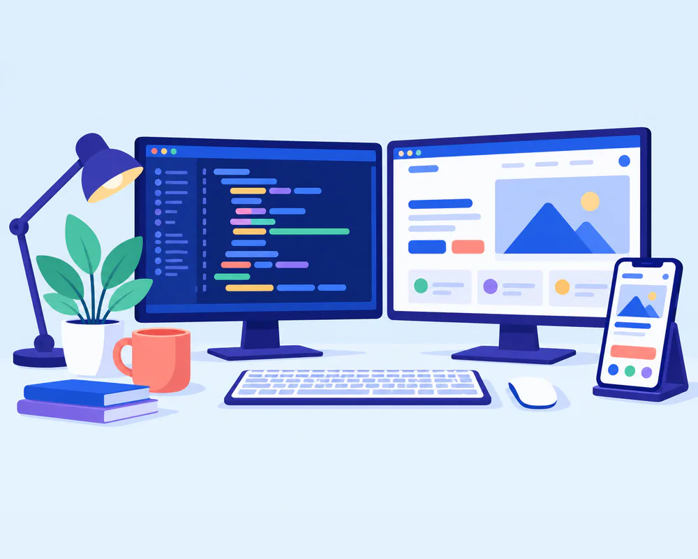 Illustration of a developer building a website and web application