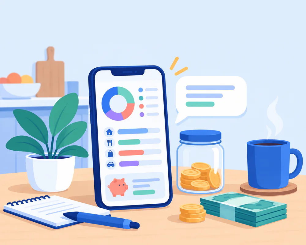 Illustration of a family tracking budgets, savings and spending in the AI Money Manager