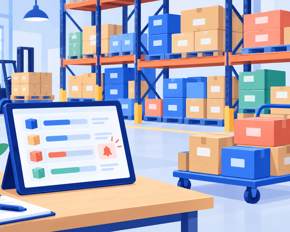 Illustration of warehouse shelves with labelled stock and a tablet checklist