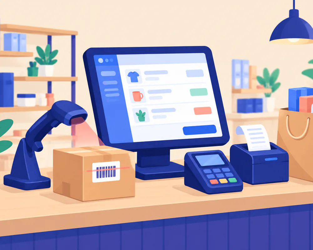 Illustration of a retail counter with a POS till, barcode scanner and receipt