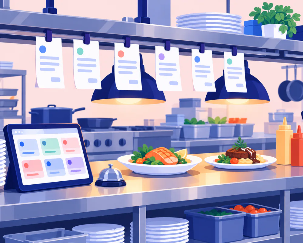 Illustration of a restaurant kitchen pass with order tickets