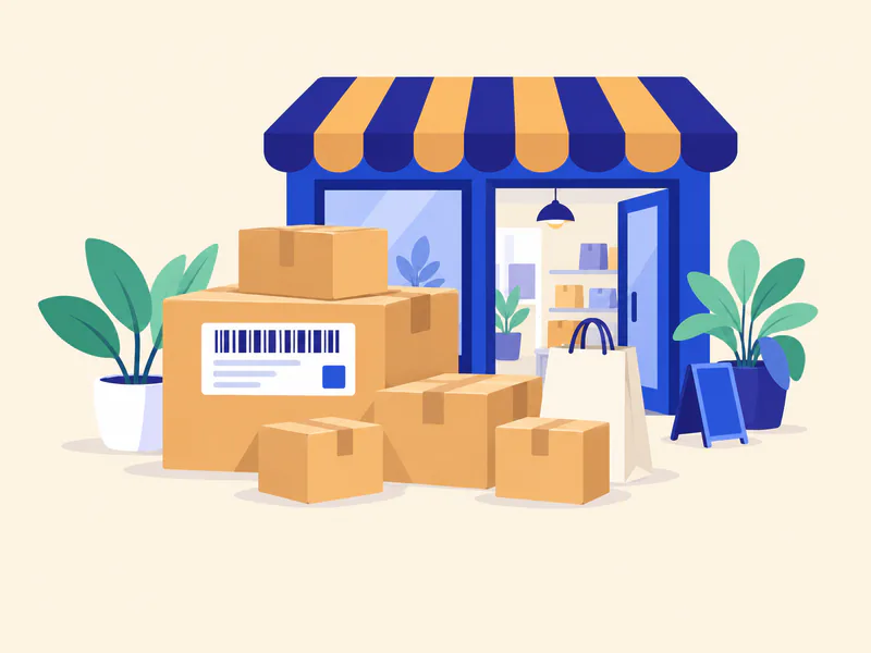 Illustration of Amazon parcels and a shopping bag outside a small shop