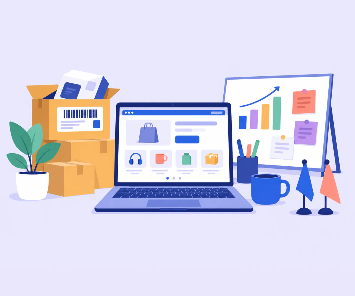 Illustration of the Tech N Byte team working on an Amazon storefront, software and a marketing campaign