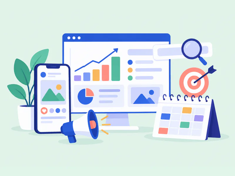 Illustration of a team planning SEO, social media and ad campaigns