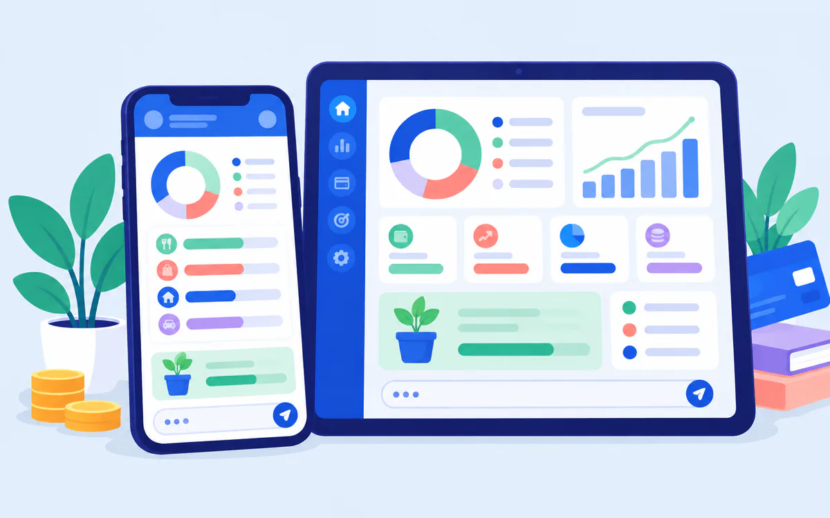 AI Money Manager dashboard with budgets, savings goals and net worth