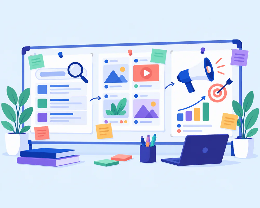 Illustration of SEO, social media and ad campaign planning on a shared board